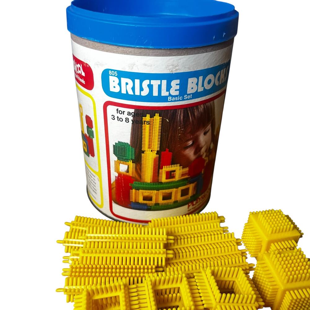 Vintage 1975 Playskool Bristle Blocks — Basic shapes Set in Original Tin